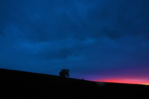 まもなく日が沈む北海道美瑛の丘の夕暮れ風景