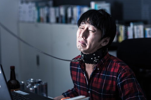 暗い室内で黒い首輪を付けてノートPCの前に座るチェック柄シャツの男性