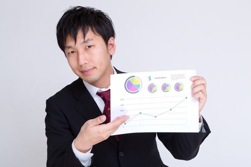 グラフ資料を指して説明するスーツの男性