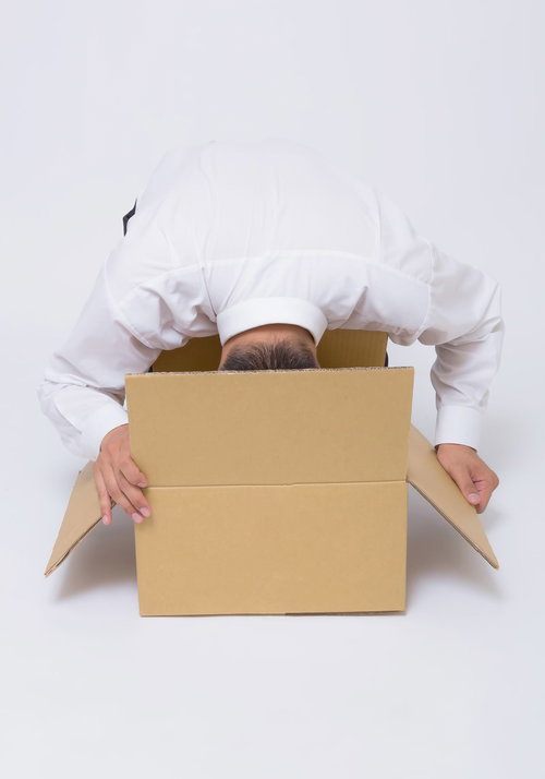 勢い余ってダンボールに頭を突っ込む男性