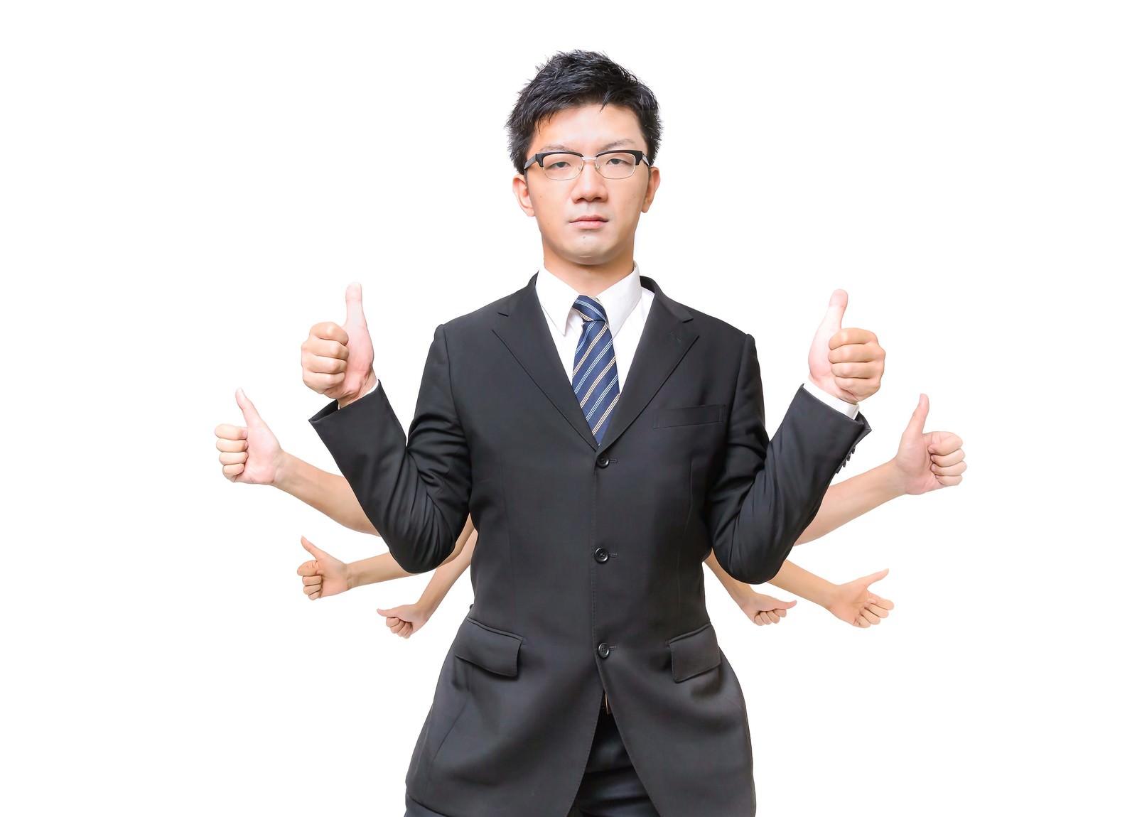 複数の腕でいいねする阿修羅のようなスーツの男性［モデル：OZPA］