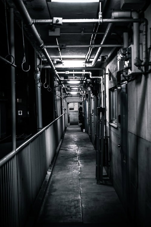 仄暗いマンションの廊下 昭和レトロな集合住宅の不気味な通路