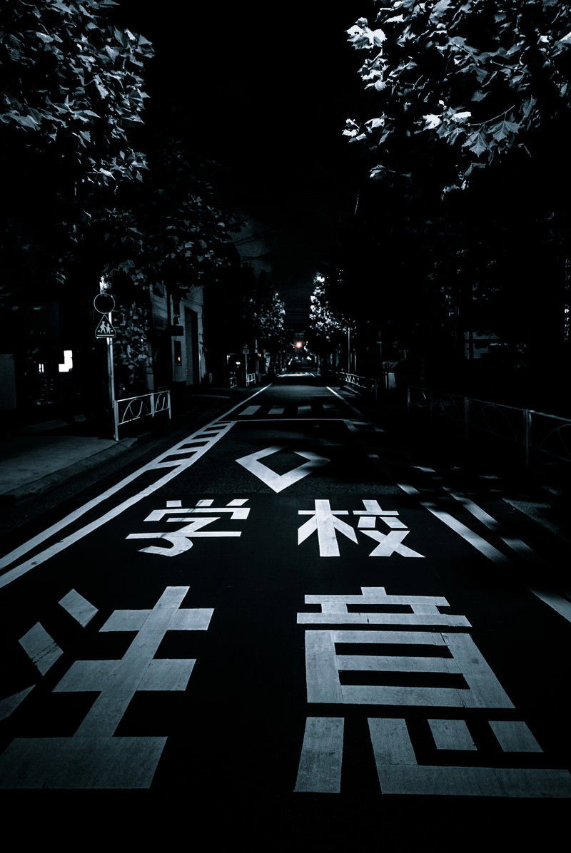 夜間の学校通学路に白く浮かび上がるスクールゾーン注意標識と横断歩道