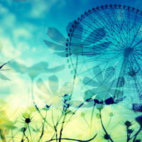 コスモスと観覧車のフォトモンタージュ作品の写真