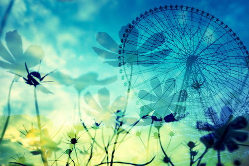 コスモスと観覧車のフォトモンタージュ作品