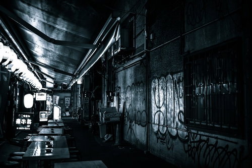 高架下の居酒屋が立ち並ぶ路地裏の夜間風景の写真