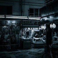 夜の飲み屋街の居酒屋店舗の昭和レトロな看板と提灯の写真