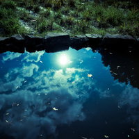 池に映る反射した雲と太陽、青空の自然風景の写真