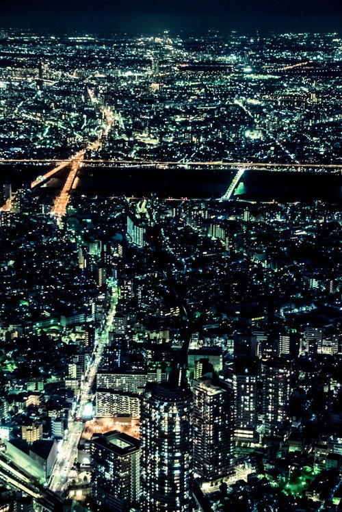 高層ビルから見下ろす都会の灯り 夜景 ビル群の光