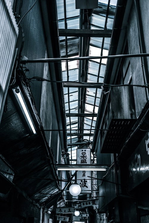 電柱と看板が立ち並ぶ場末の路地裏、トタン屋根と鉄骨が張り巡らされた景観