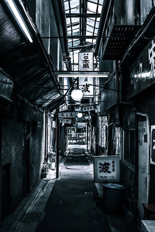 下町の路地裏の飲み屋街をゆく、懐かしい居酒屋と提灯の夜景