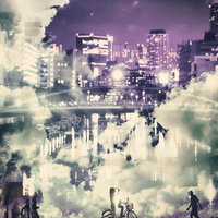 河川敷の昼と夜が重なるフォトモンタージュの写真