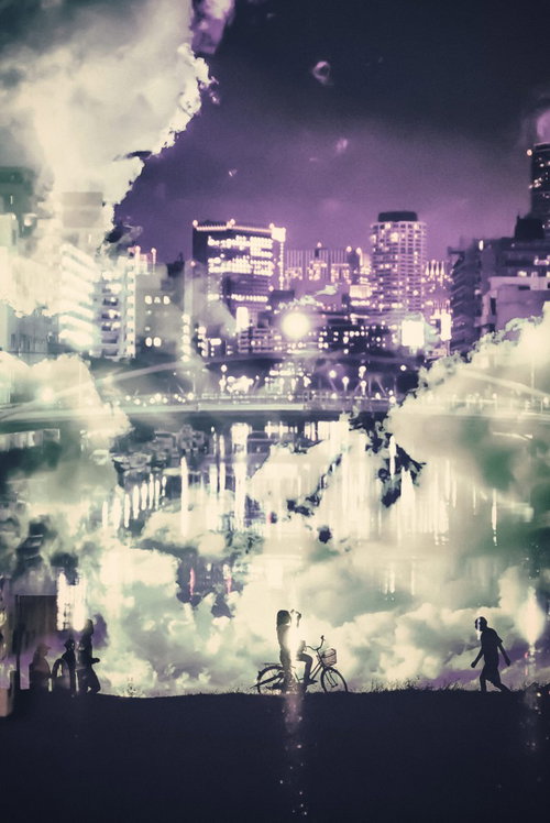 河川敷の昼と夜が重なるフォトモンタージュ