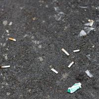 道路にポイ捨てされたタバコの吸殻の写真