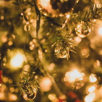クリスマスツリーのライト装飾と赤いオーナメントの写真