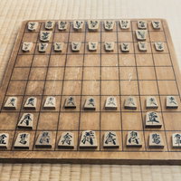 畳の上に初期配置で置かれた将棋盤と駒、木製の盤面の写真
