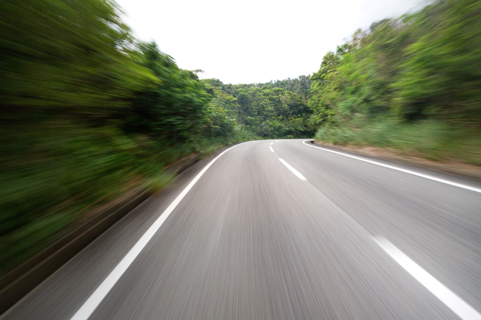 白い中央線のある道路を高速で走行している視点。両側の緑の森が流れている