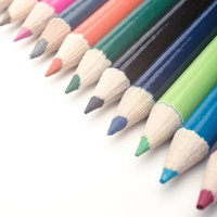 白い面に斜めに並んだカラフルな色鉛筆の写真