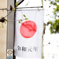 令和元年の日の丸が街灯に飾られた市街地の写真