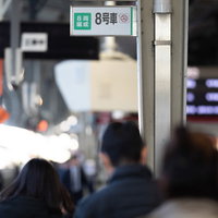 駅ホームの緑色乗車位置案内板と通勤ラッシュの人混みの写真