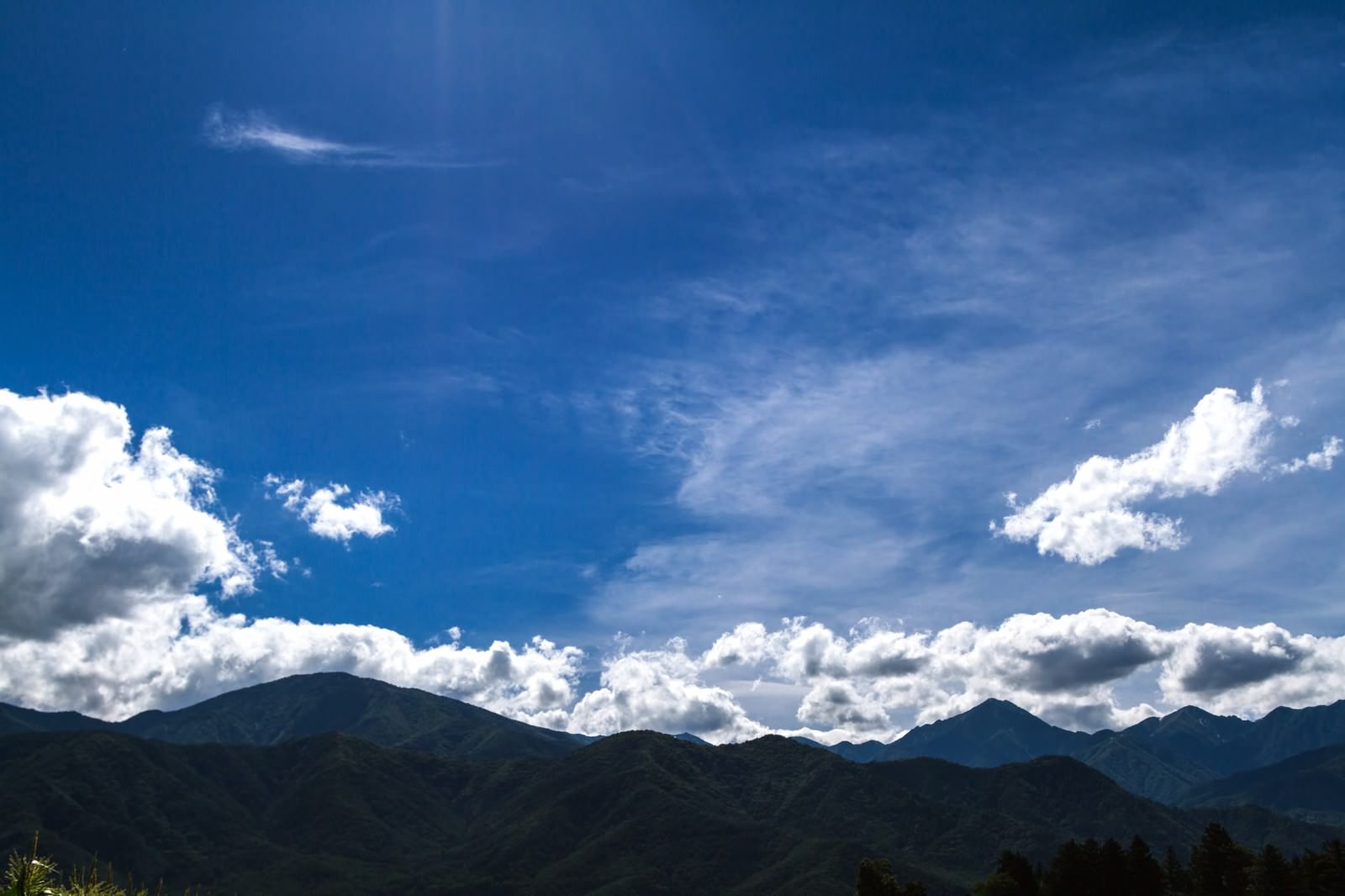 青空の下に緑の山々