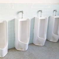 白いタイルの壁面に並ぶ男性用トイレの小便器の写真