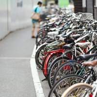 歩道の自転車置き場に並ぶ自転車の写真