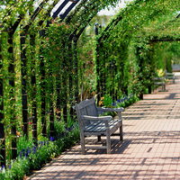植物園のアーチとレンガ通路のベンチの写真