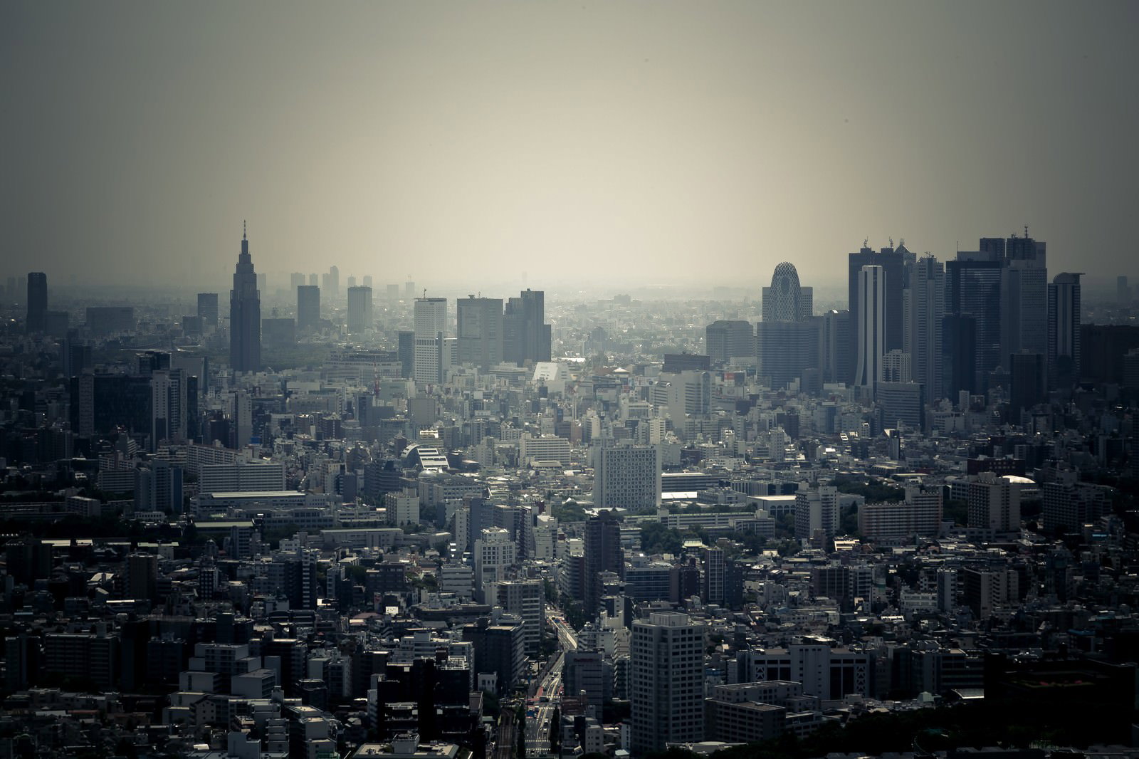高所から見下ろした大都市のビル群が霞の中に広がる展望風景