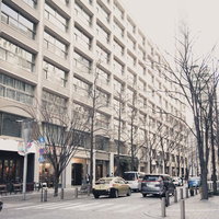 冬の葉のない街路樹と車が走るオフィスビルが並ぶ丸の内の大通りの写真