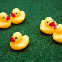 緑の布の上でペアになったアヒルのおもちゃ5羽の写真