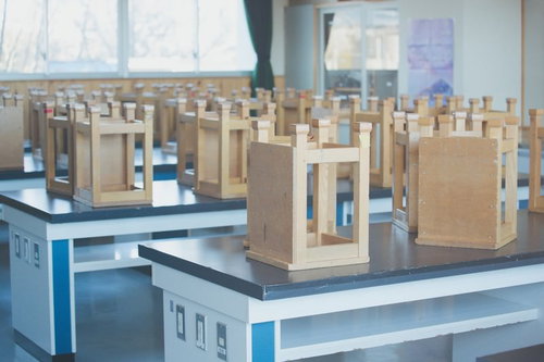 青と白の台に並ぶ木製の建物模型が並ぶ放課後の理科室