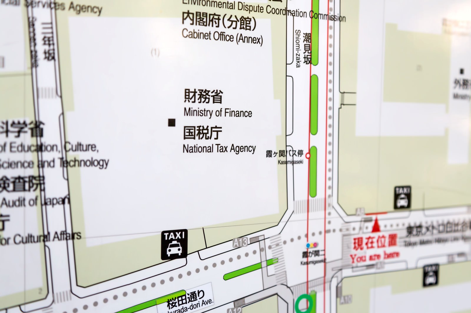 財務省と国税庁が表記された東京霞ヶ関の地図