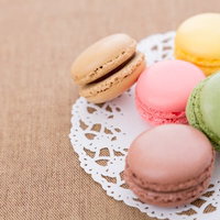 レースペーパーの上に並んだパステルカラーのマカロンの写真