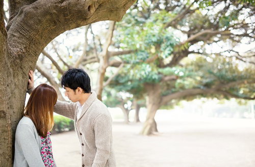 公園の大木に寄りかかるカップル