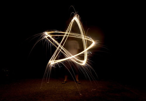 手持ち花火で描いた五芒星の光の軌跡
