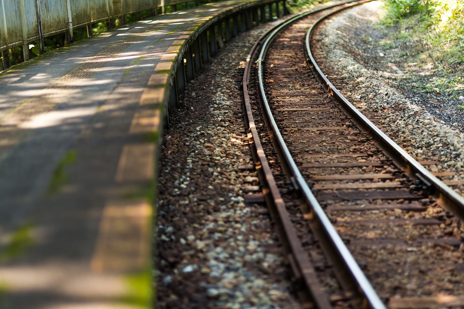 木々に囲まれた田舎の駅のカーブする線路