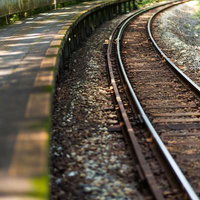 木々に囲まれた田舎の駅の線路の写真