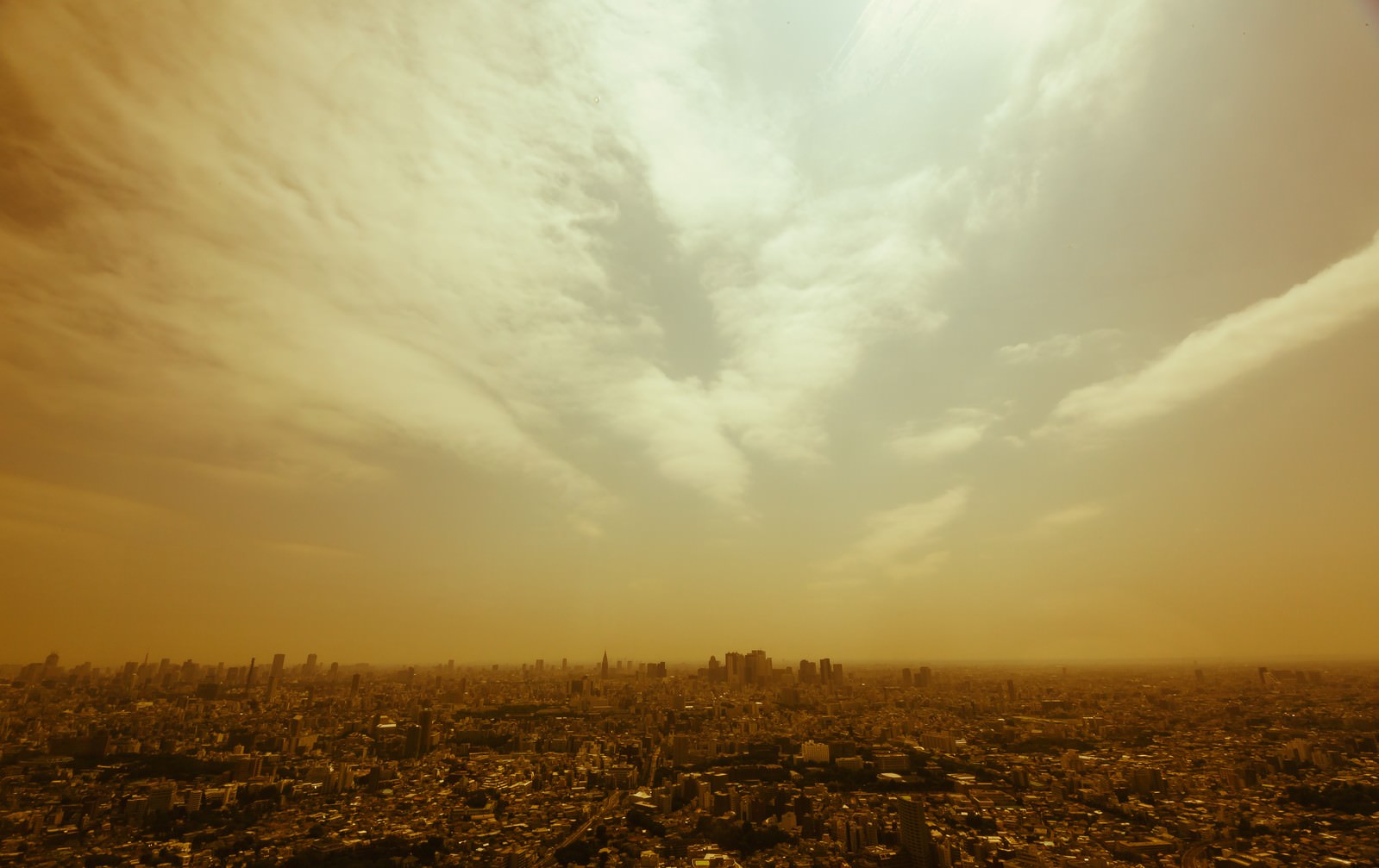 黄褐色に霞む東京の高層ビル群が密集する都市風景