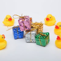 プレゼント箱を囲むアヒルのおもちゃ5羽の写真