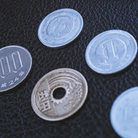 革の上に並んだ日本の硬貨の写真