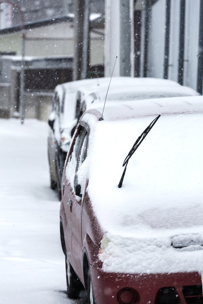 駐車場の赤い車と白い車に厚く積もった雪、立てられたワイパー