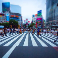 大勢の人が行き交う渋谷スクランブル交差点の俯瞰の写真