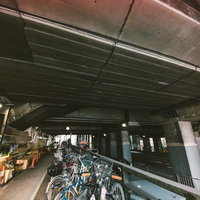 薄暗い高架下に多数の自転車が並ぶ渋谷の駐輪場の写真