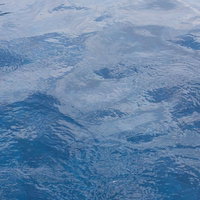 青い水面に映る波の流れと光の風景、波紋が広がる海面の写真