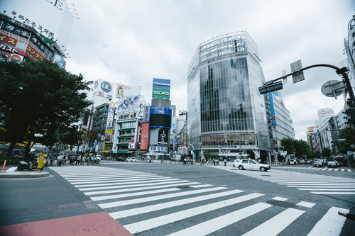渋谷スクランブル交差点の横断歩道と都市風景