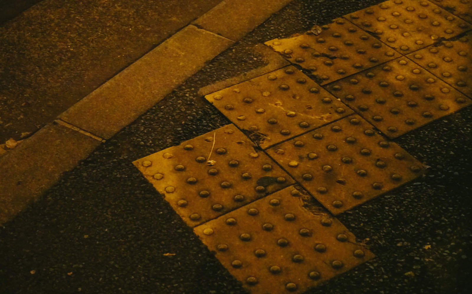 夜間の歩道に並ぶ黄色い点字ブロックと縁石
