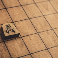 将棋盤に置かれた王将の駒と陽光による影の写真