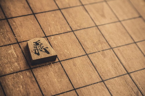 将棋盤に置かれた王将の駒と陽光による影