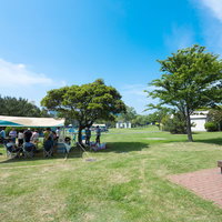 公園の芝生で炭火を囲んでバーベキューを楽しむ家族の写真